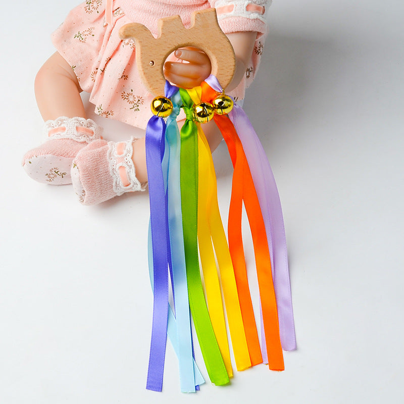 Beech Wood Ribbon Teether Sensory Ring for Babies