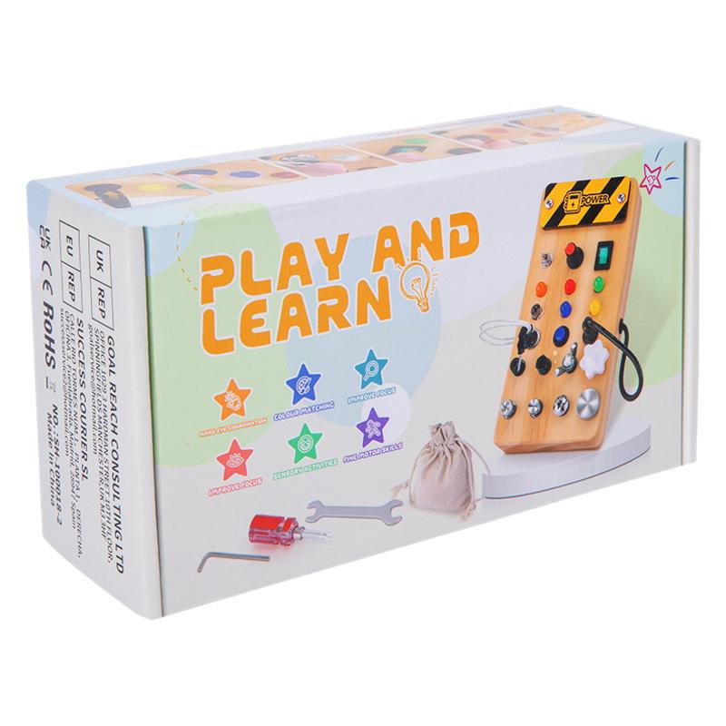 Children’s Wooden LED Busy Board with Switches, Lights and Tools