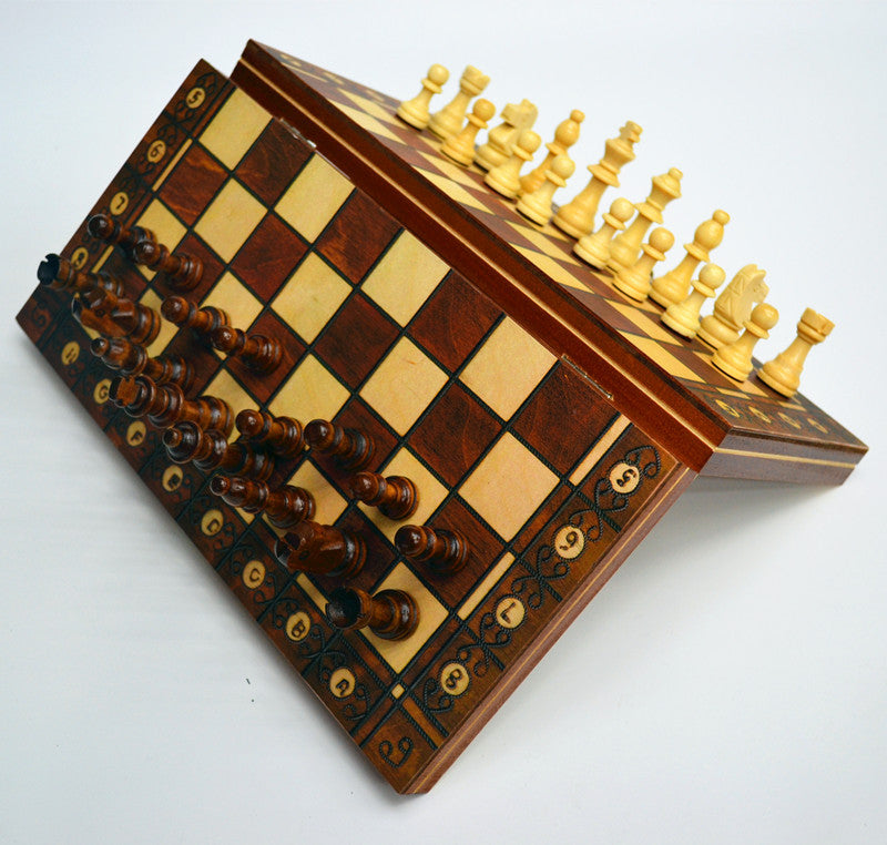 Wooden Magnetic 3-in-1 Chess Set - Folding Chess, Checkers & Backgammon