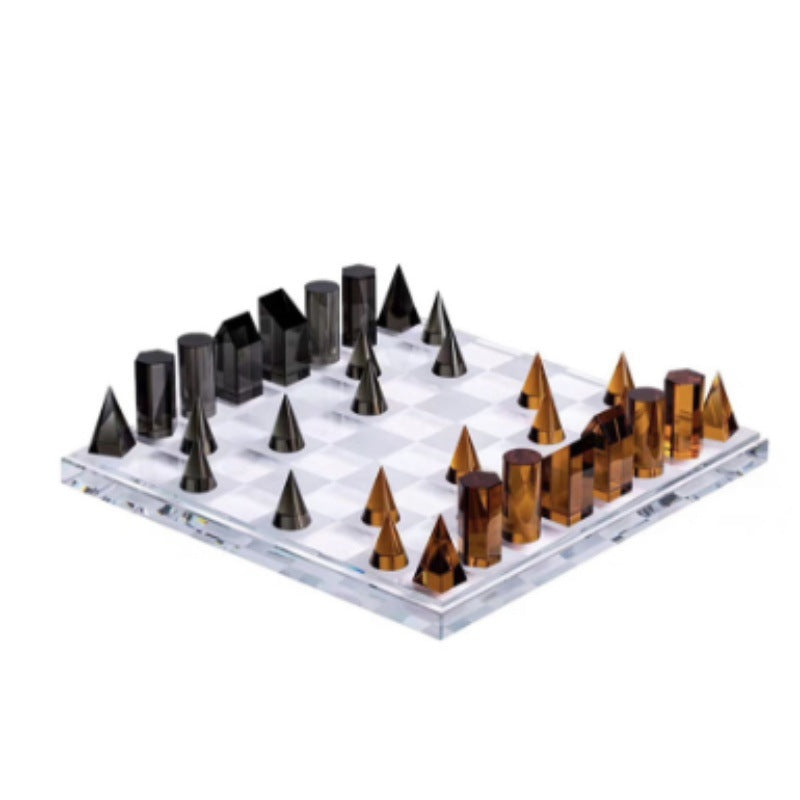 Handmade Crystal Chess Set with Geometric Pieces, 37 cm Board