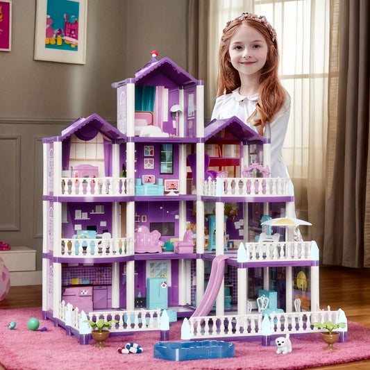 Large 13-Room Dollhouse Villa – Pink and Purple 3-Level Playset