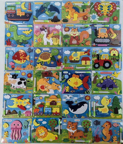 Collection of colorful children's educational puzzles with various animals and objects.