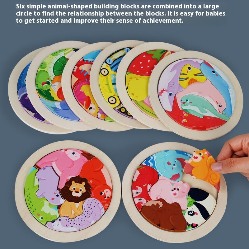 Set of animal-shaped building blocks arranged in a circle with a hand interacting with one of them.