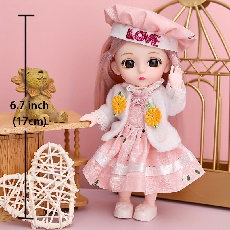 Pink Mini 6.7" Fashion Doll – Bunny Ears Headband, Lace Dress, Gift Box
