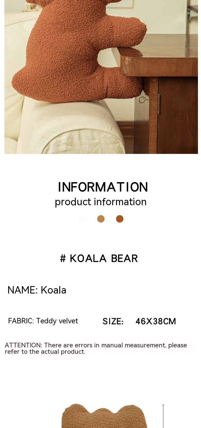 Koala Teddy Plush Cushion Pillow for Sofa and Bed, 38×46 cm