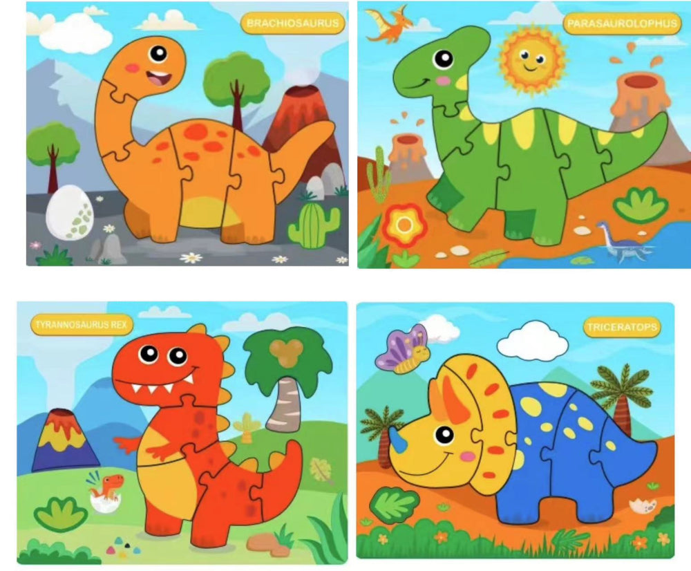 Four dinosaur-themed children's puzzles with colorful backgrounds and characters.