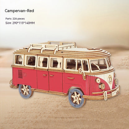 Red and gold campervan model on a beige background with dimension