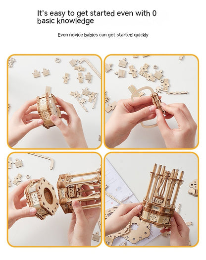 Step-by-step process of assembling a wooden mechanical model with text indicating ease of assembly.