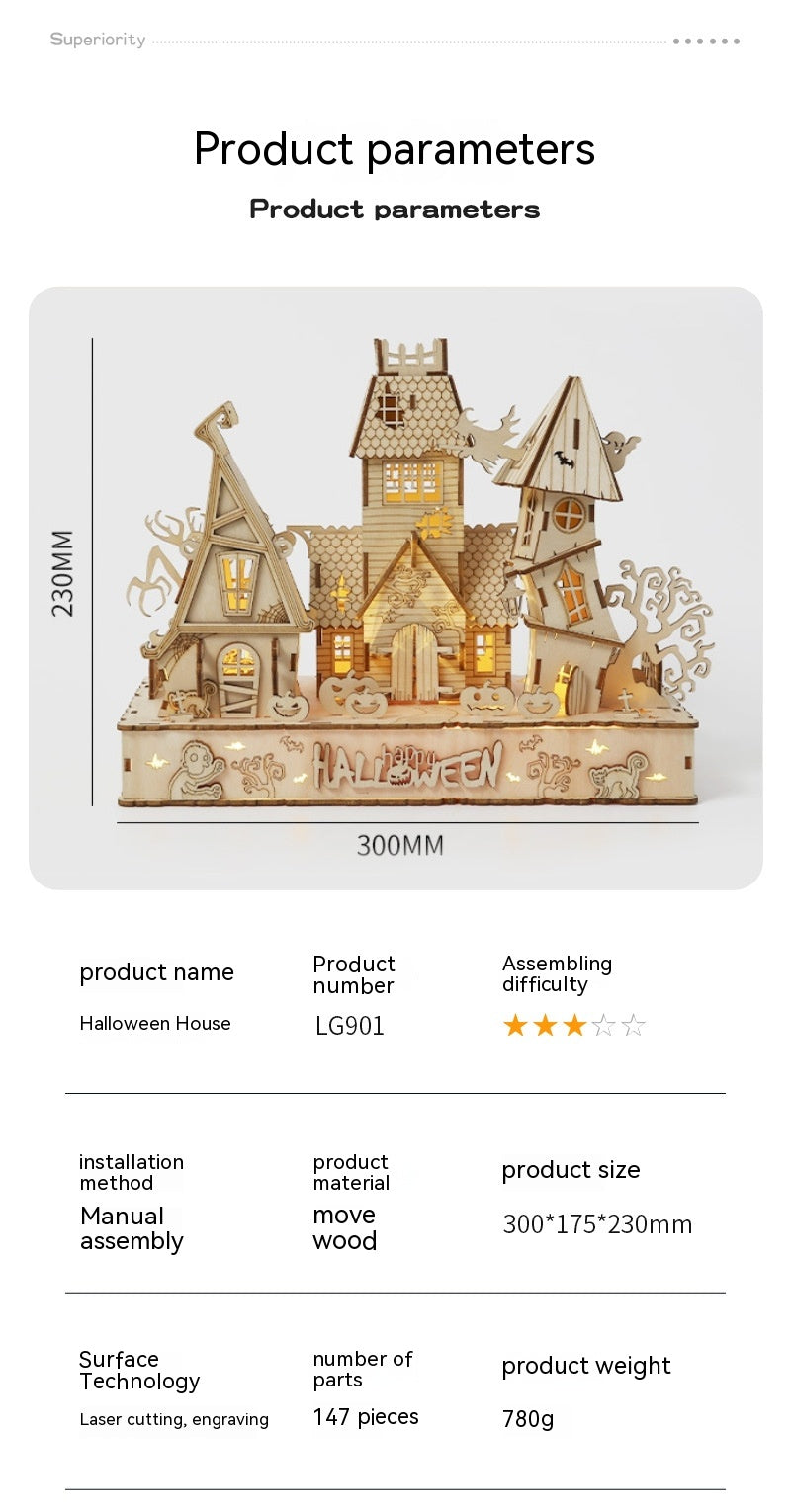 Halloween-themed house model with product parameters on a white background