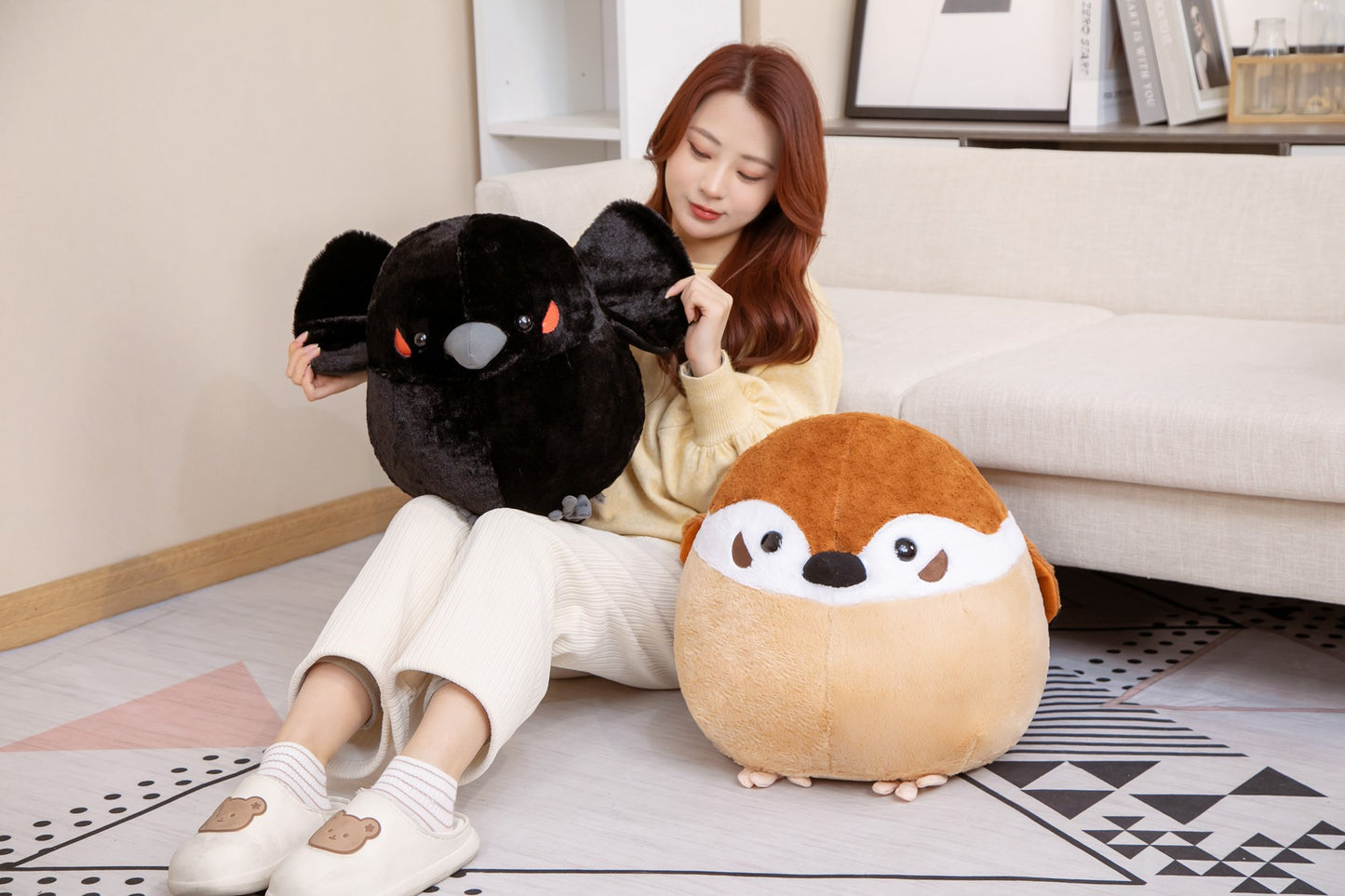 Cute Spherical Sparrow & Crow Plush Cushion Pillow (35/40 cm)
