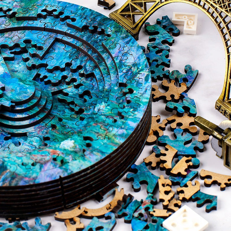 Water Lily Decryption Round Wooden Puzzle 1000 Pieces, 7 Layers