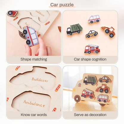 Wooden car puzzle with shape matching, car shape cognition, and decorative features on a beige background.