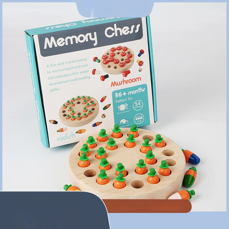 Wooden Memory Chess Game for Kids - Mushroom or Radish Theme
