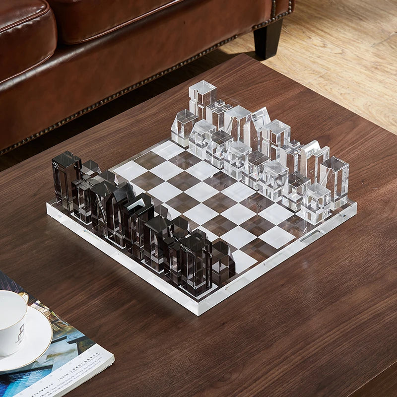 Handmade Crystal Chess Set with Geometric Pieces, 37 cm Board