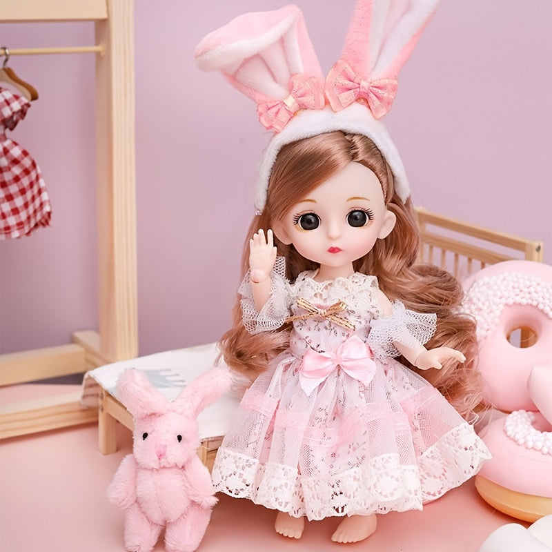 Pink Mini 6.7" Fashion Doll – Bunny Ears Headband, Lace Dress, Gift Box