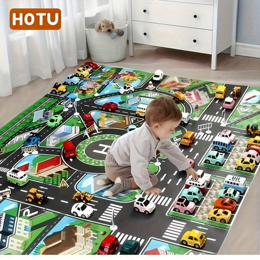 City Traffic Play Mat for Kids - Interactive Road Map with Garages