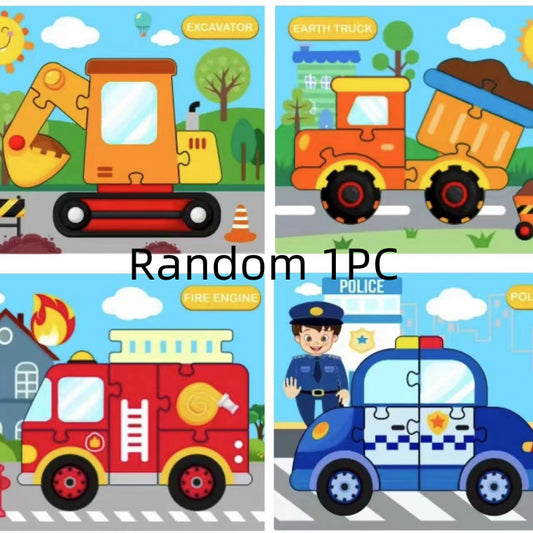 Four children's puzzles featuring an excavator, earth truck, fire engine, and police car on a colorful background.