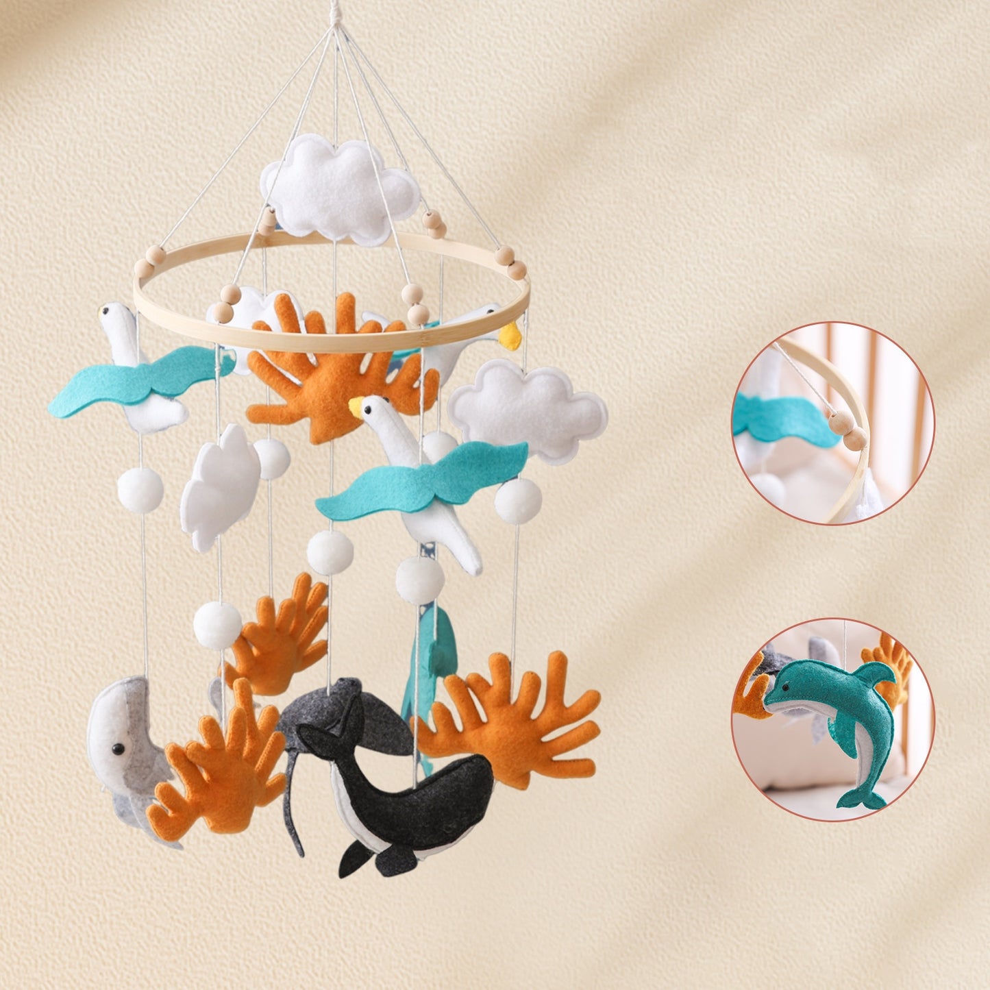 Soft Felt Ocean Baby Crib Mobile with Whales & Clouds