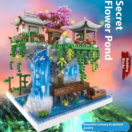 Peach Blossom Pool Micro Bricks With LED Light Scenic Waterfall Set