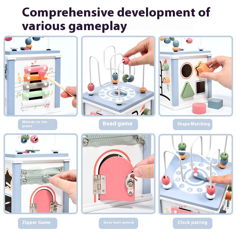 Montessori Wooden Busy Box: Bead Maze, Xylophone and Shape Sorter