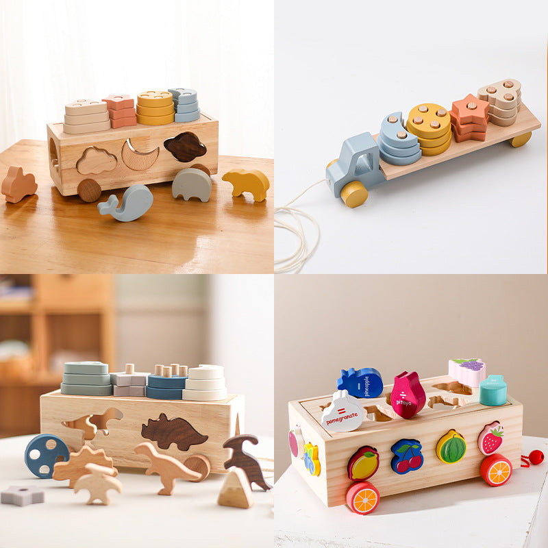 Wooden Shape Sorter Pull Cart & Stacking Set – Montessori Learning Toys