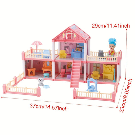 DIY Two-Story 4-Room Pink Doll House Kit with 123 Pieces