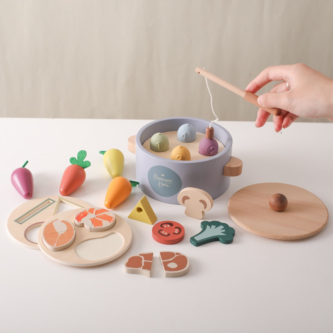 Children’s Wooden Radish Pull & Magnetic Fishing Pot Pretend Play Set
