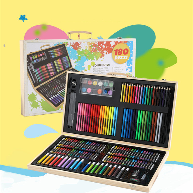 180 Piece Wooden Art Set for Kids with Markers, Pencils, Pastels and Watercolors