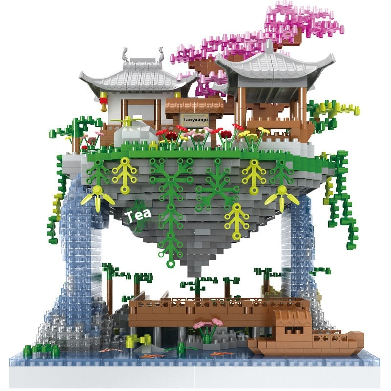Peach Blossom Pool Micro Bricks With LED Light Scenic Waterfall Set