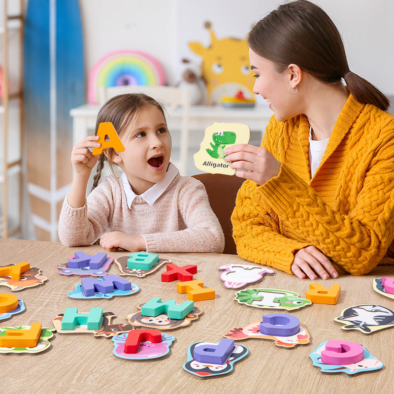 Woman and child playing with educational puzzle toys on a table.