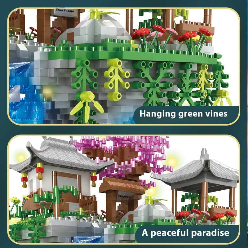Peach Blossom Pool Micro Bricks With LED Light Scenic Waterfall Set