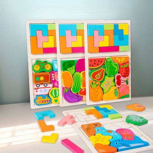 2-in-1 Wooden Puzzle Board: Blocks Plus Fruit, Vegetable or Animal