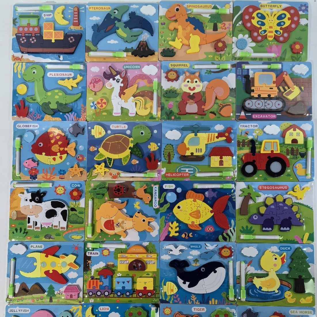 Collection of colorful children's educational puzzles with various animals and objects.