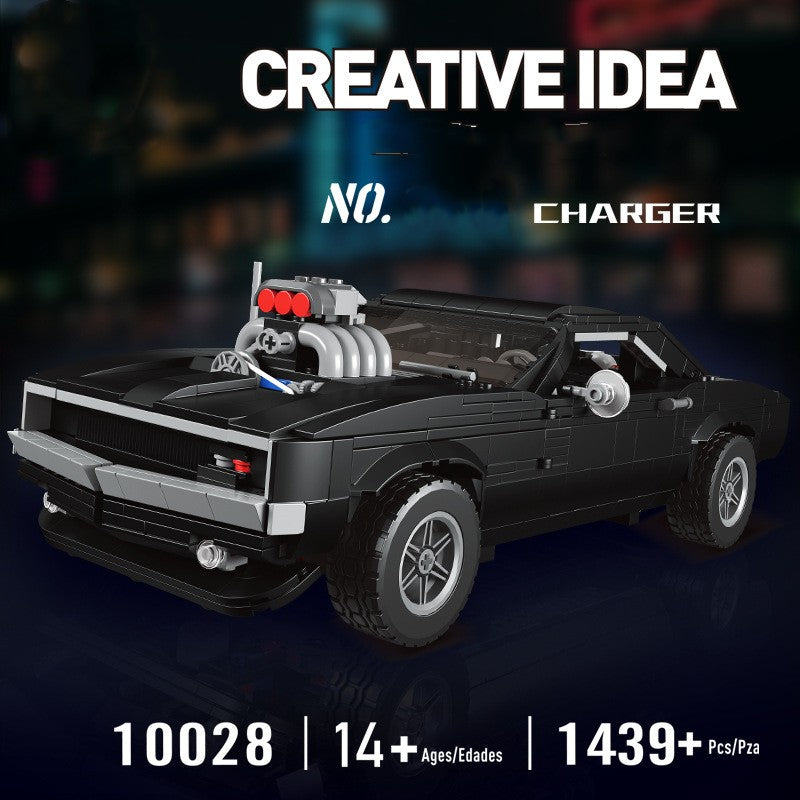 Black Muscle Car Brick Model with Supercharged Engine (1439 pcs)