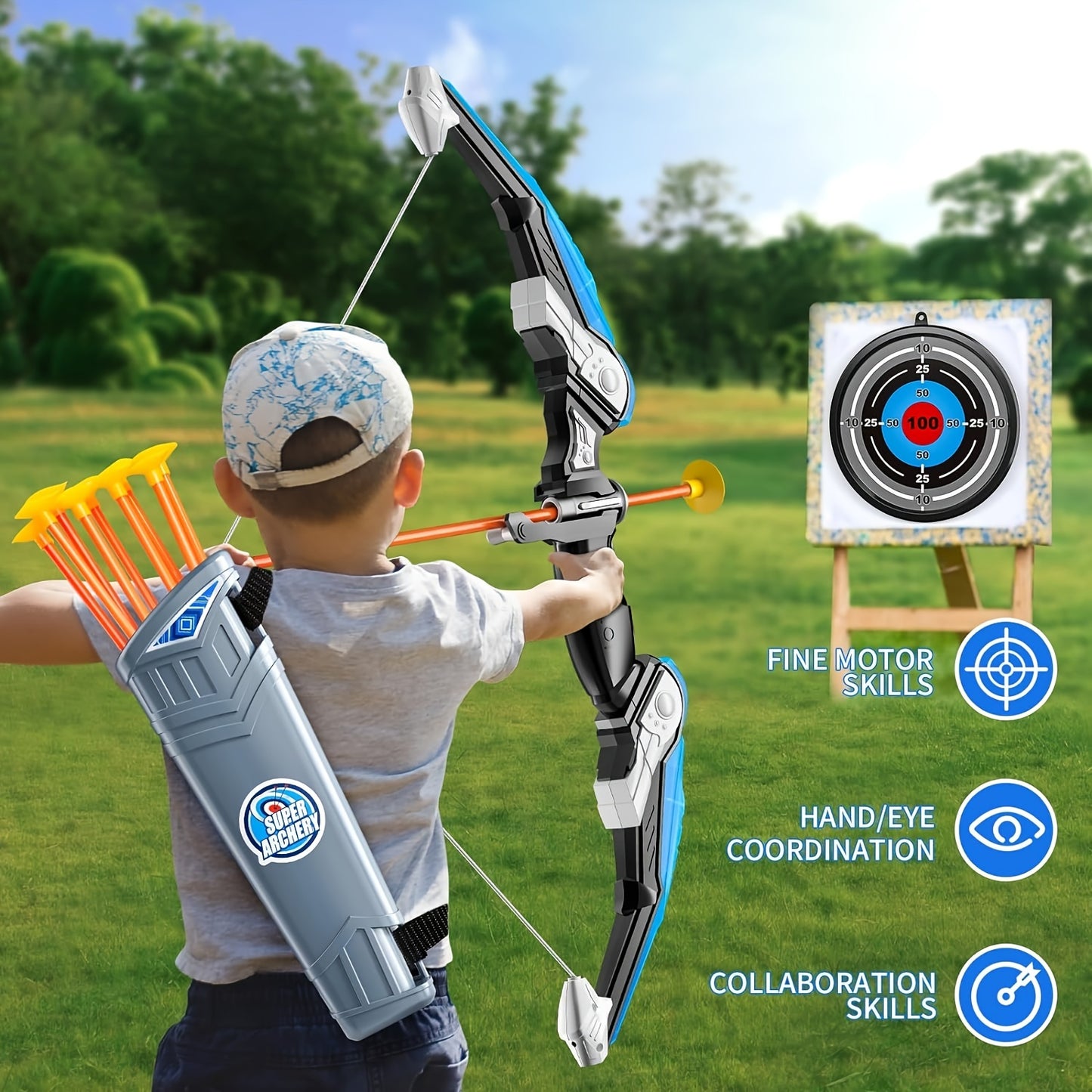 LED Light-Up Archery Set for Kids with Suction Cup Arrows, Target & Quiver