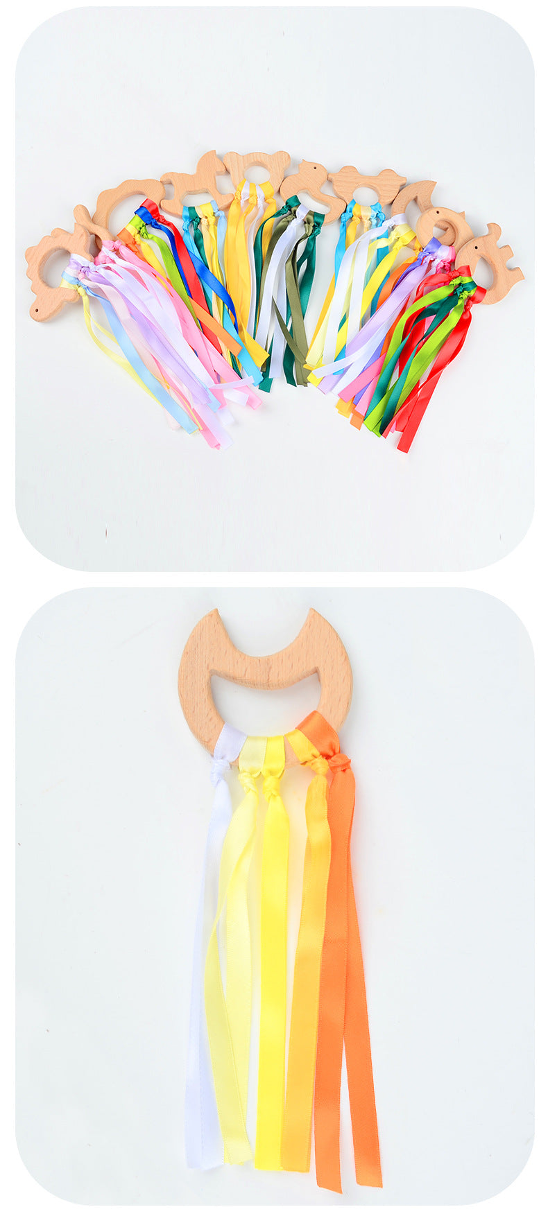 Beech Wood Ribbon Teether Sensory Ring for Babies