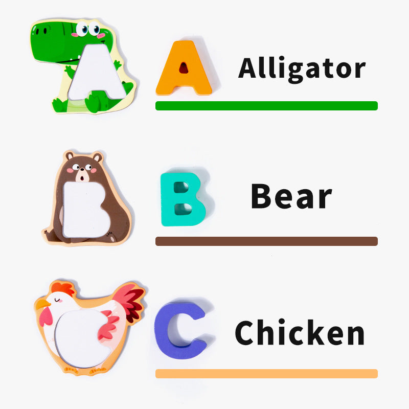 Educational alphabet magnets with alligator, bear, and chicken illustrations on a white background.