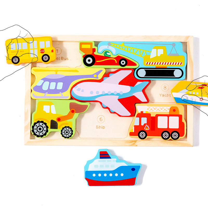 Wooden puzzle with colorful transportation-themed pieces on a white background