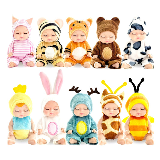 10pcs Mini Baby Dolls in Animal Costumes - 4 Inch Pocket Doll Set