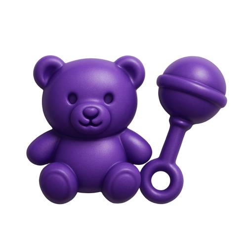 Purple teddy bear and rattle toy on on a monochrome background