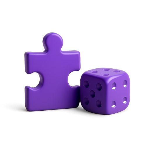 Purple puzzle piece and dice on a monochrome background