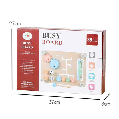 Box of a Busy Board toy with dimensions and age recommendation on a white background