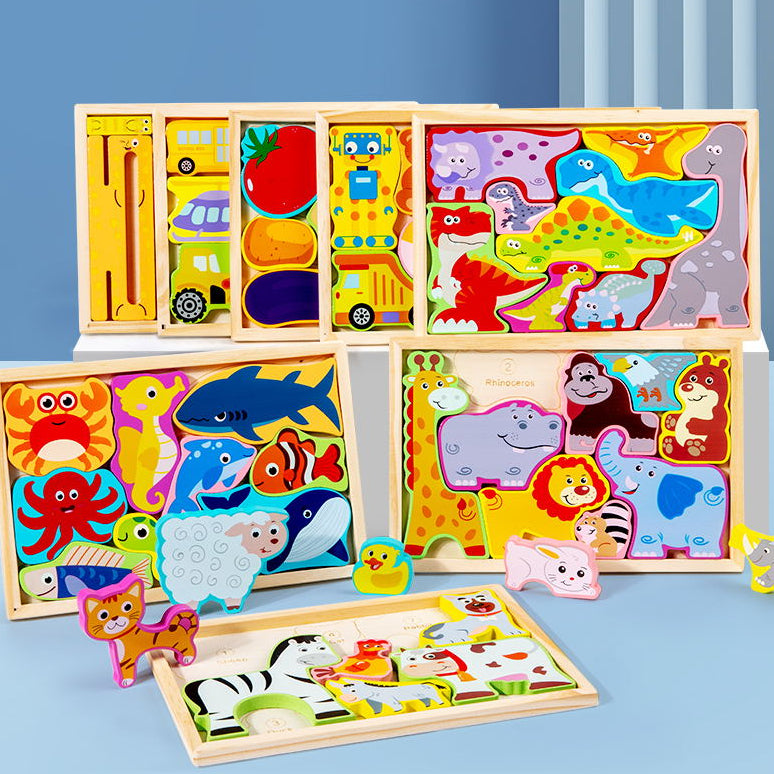 Set of colorful wooden puzzles with animals and shapes on a blue background
