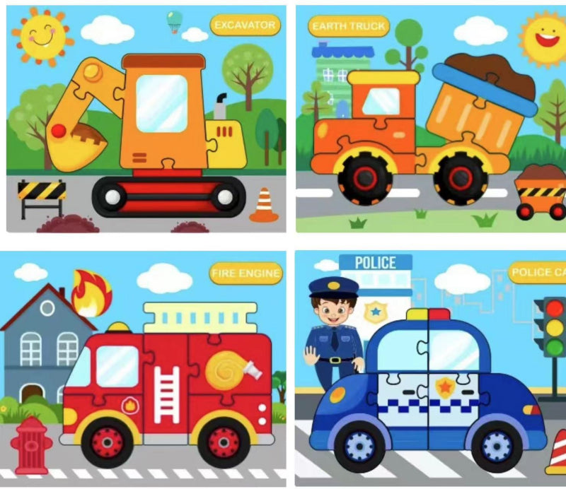 Four children's puzzles featuring an excavator, earth truck, fire engine, and police car on a colorful background.