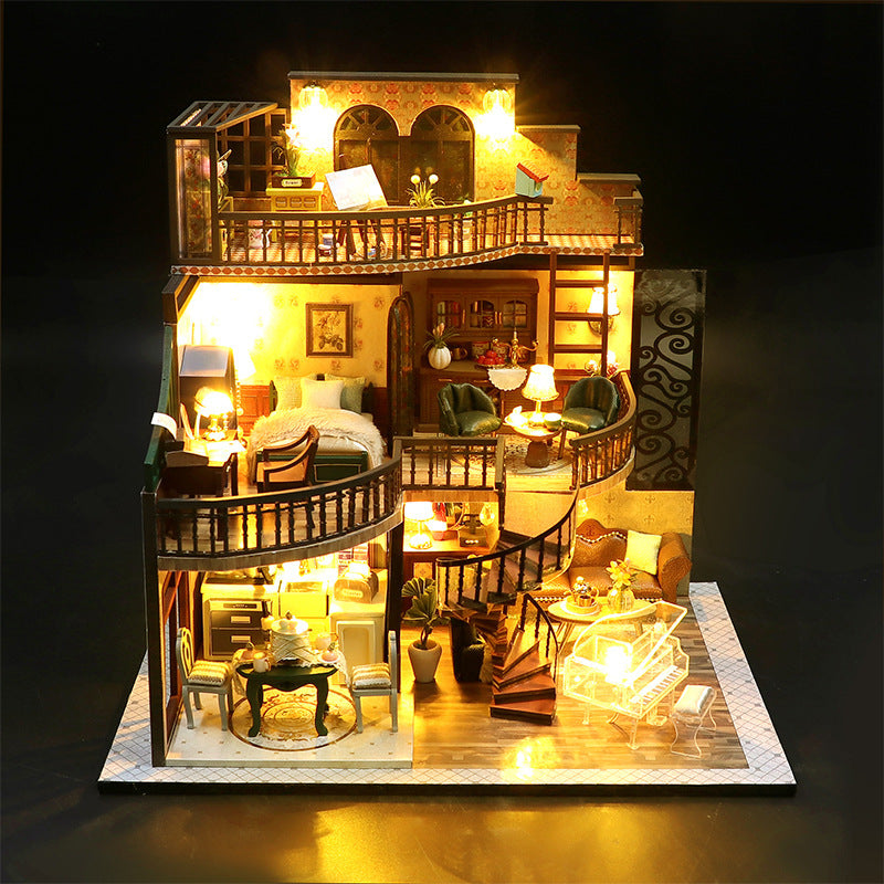 Detailed model of a living room with furniture and lighting on a dark background