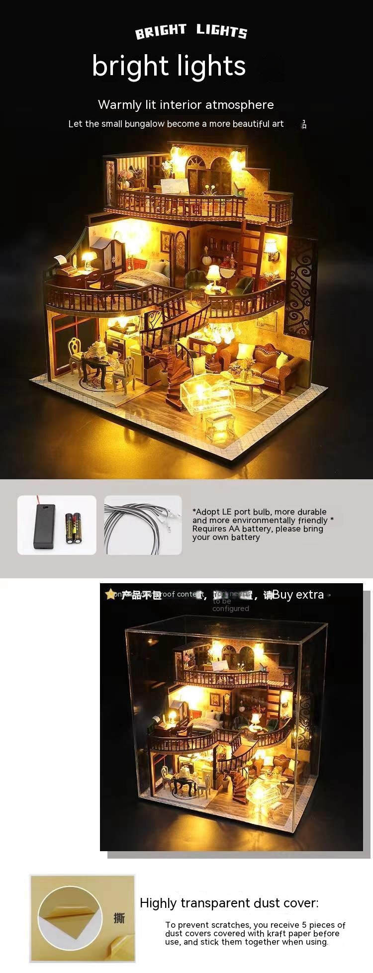 Miniature model of a house with LED lights and transparent dust cover on a white background