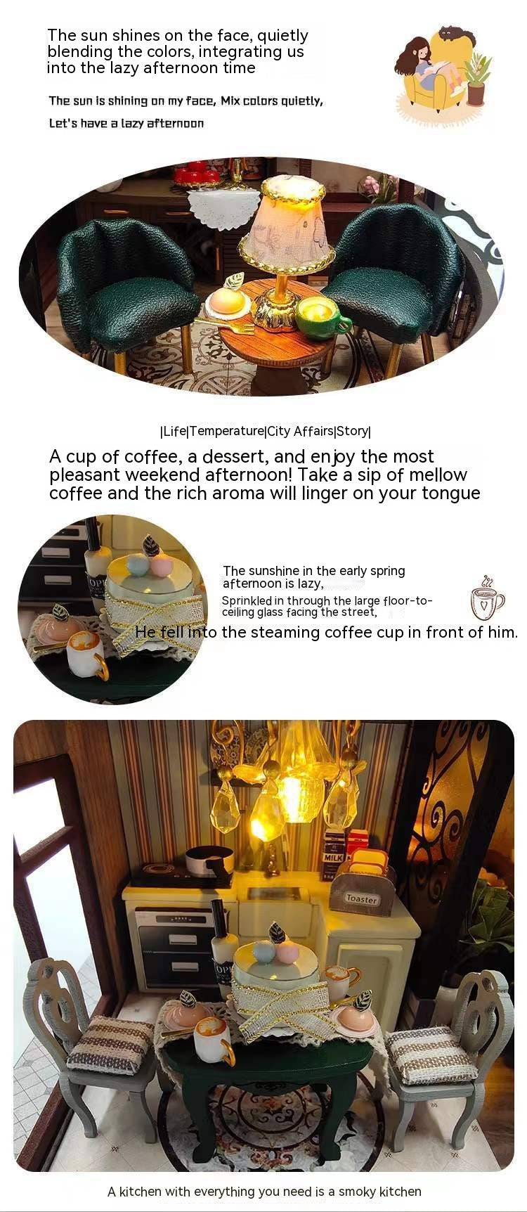 Miniature kitchen scene with a table, chairs, and various items on a white background.