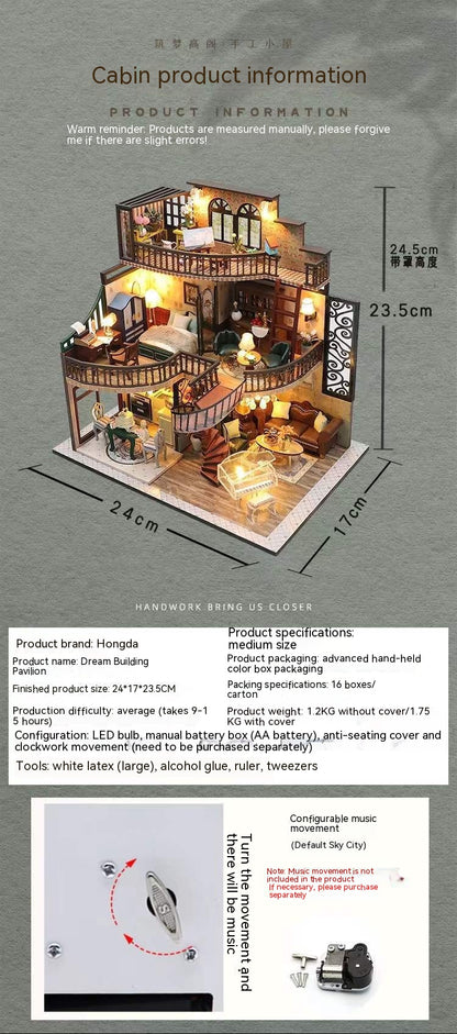 Model of a cabin with detailed specifications on a gray background