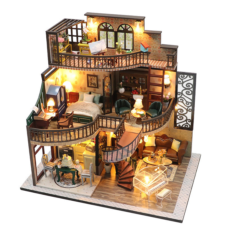 Detailed model of a dollhouse with illuminated interior
