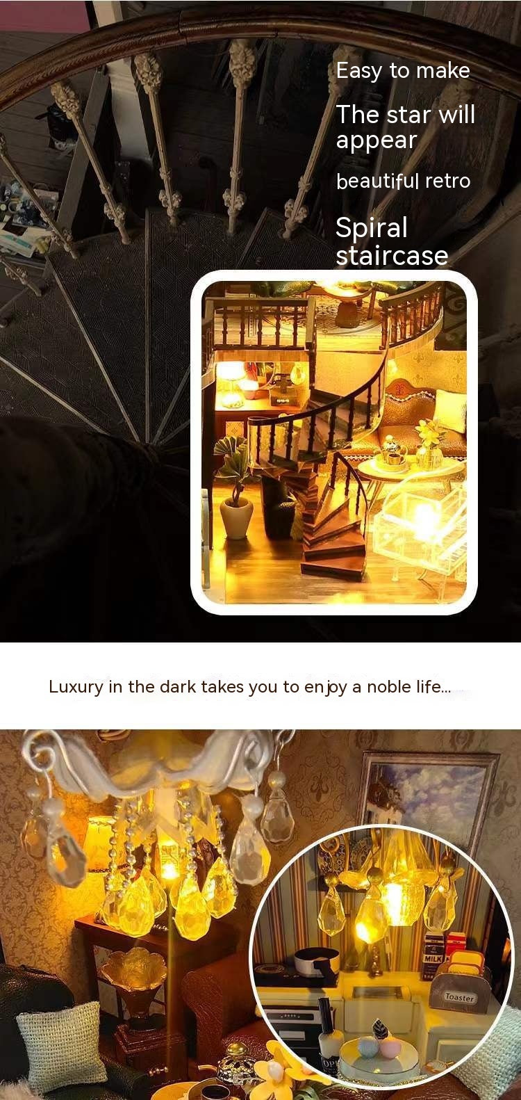 Decorative string lights with a spiral staircase and cozy interior setting.